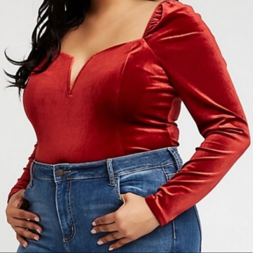 🔴 Red Velvet Notch Neck Sweetheart Off Shoulder Glam Bodysuit Unitard
